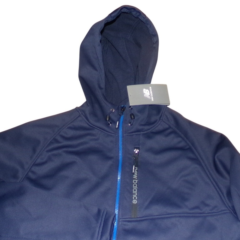 New Balance Mens Softshell Hooded Jacket Navy MED Full Zip Reflective Logo NEW - Picture 4 of 4